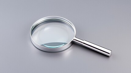 A sleek magnifying glass rests on a smooth surface, reflecting light and emphasizing its polished design, ideal for close inspection and detail orientation.