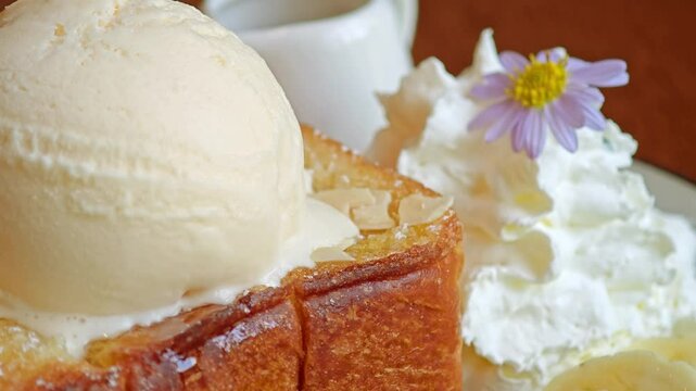 Shibuya honey toast with banana and ice cream.
