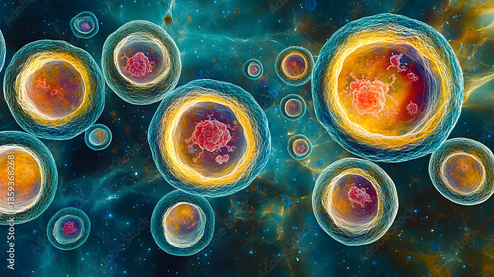 Poster microscopic universe: an artistically rendered image showcasing a vibrant composition of cells, reve