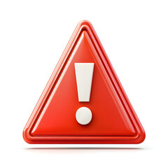 Red triangular warning sign, glossy surface, white exclamation mark, attention symbol, caution icon, 3D rendering, safety alert, high contrast, emergency notification, bold graphic design, traffic sig