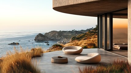 Modern balcony with panoramic ocean scenery, open design with chic furniture, warm morning light highlighting serene coastal vibes, wide-angle showcasing relaxation. 