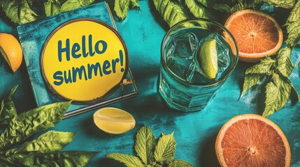 Text Hello Summer On a yellow background next to a glass with a soft drink with ice and a slice of lime, in vintage old style. Beach, holiday, vacation, relaxation , concept.