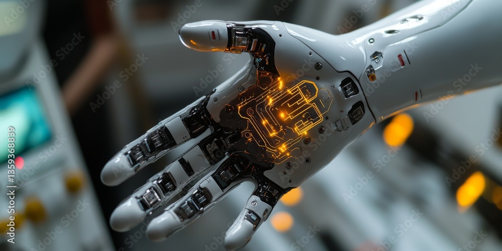 Poster a close-up view of a futuristic robotic hand with glowing elements. this image captures the essence 