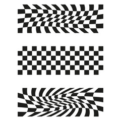 Distorted checkered stripes. Racing flag illusion. Abstract black white. Vector background.