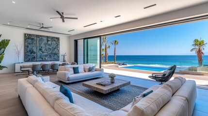 Fototapeta premium Modern beachfront estate with striking architectural design, infinity-edge pool, pristine beaches, and luxurious outdoor lounges 
