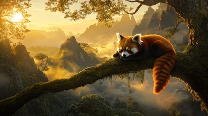 A red panda peacefully rests on a mossy branch amidst a serene mountainous landscape.