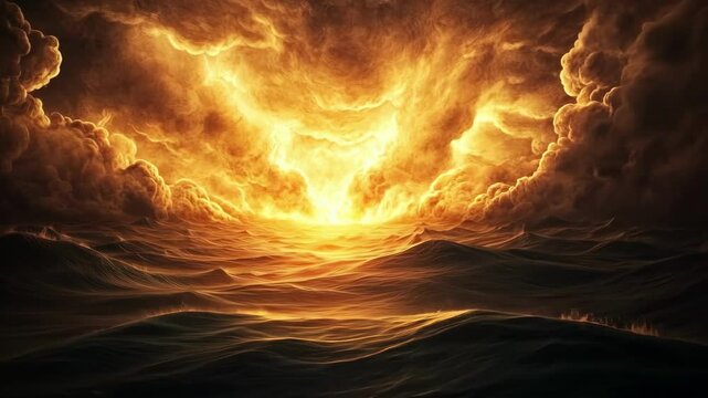 Fiery sunset over stormy ocean waves: dramatic sky and sea scene. International Public Domain Day