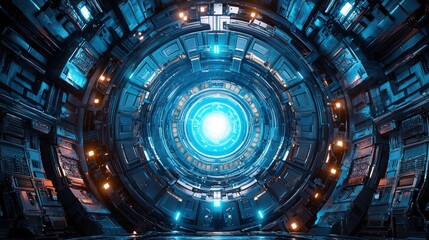 Futuristic spaceship interior with glowing rings