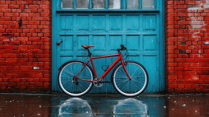 Red bike leaning against teal door, brick wall