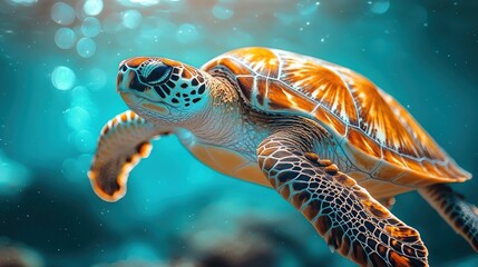 Fototapeta premium Sea turtle in vibrant underwater scene