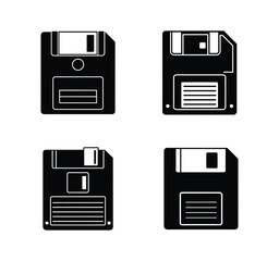 A set of four retro floppy disk vector silhouette designs. Simple collection. Isolated bundle on white background.