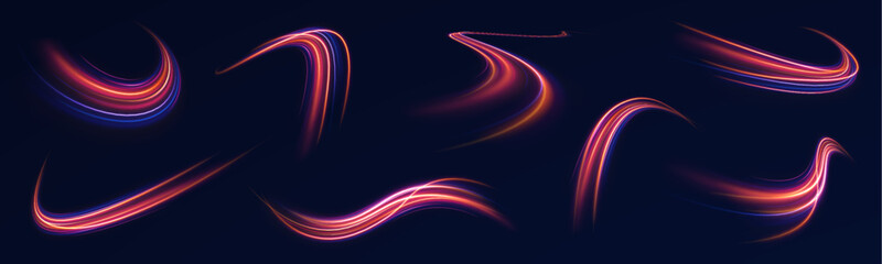 Neon purple line streaks with speed on the expressway, creating an effect of blue light in the background. Abstract futuristic police aesthetics merge with bright design in vector illustration png