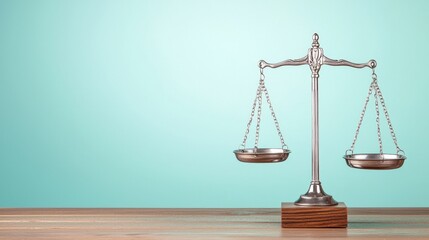 A silver balance scale stands on a wooden base against a mint green background, symbolizing justice and fairness.
