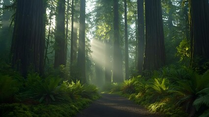 Obraz premium A serene forest scene with tall trees, mist, and sunlight filtering through, illuminating a path surrounded by lush greenery. Concept Serene Forest Scene, Tall Trees, Mist and Sunlight
