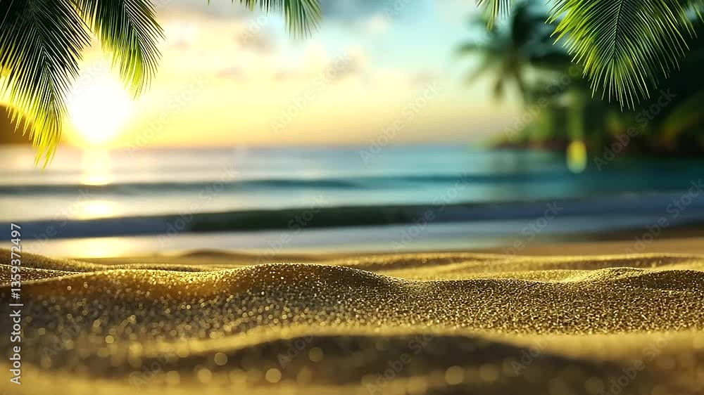 Poster golden sunlight reflects off the tranquil ocean, creating a mesmerizing bokeh effect over a softly b