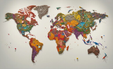 Colorful World Map Crafted with Yarn and Buttons Creative Art