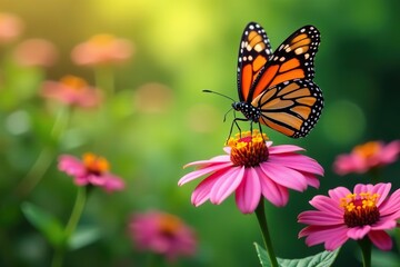Obraz premium A stunning Monarch butterfly gracefully perched on vibrant pink coneflowers in a beautiful garden setting, vibrant, blooming