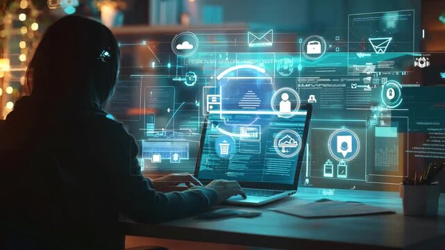 A person working on a laptop surrounded by futuristic digital data and analytics interfaces. The glowing holographic screens display various graphs, data points, and security icons
