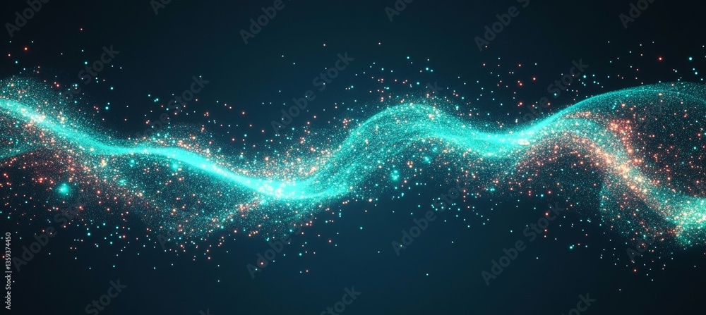 Poster abstract flowing wave of emerald and cyan light with scattered light particles, vector art