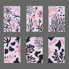 Modern trendy boho minimal style. Abstract groovy floral posters. Abstract posters with organic shapes. Contemporary collage inspired, set of botanical elements