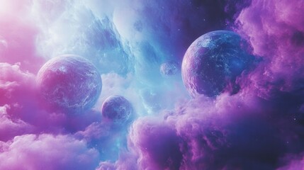 Naklejka premium A vibrant cosmic scene featuring colorful planets and swirling clouds in space.