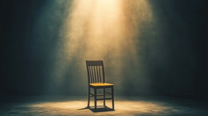 Photo of a single wooden chair under a spotlight in an empty room