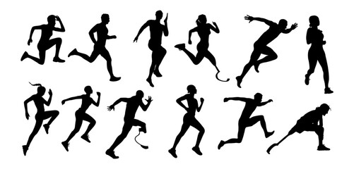 Silhouettes of Male and female athletes running. Healthy active lifestyle. Marathon, Sprint, jogging, warming up. Sport, fitness design, black vector illustrations isolated 