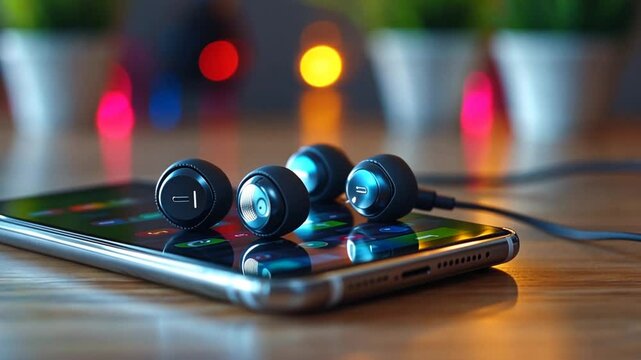 Wireless earbuds on a smartphone, bokeh background, tech accessories