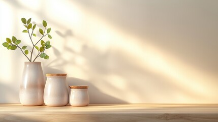 Fototapeta premium Elegant and Serene Potted Plant Display on Wooden Table in Minimalist Interior Design Natural greenery warm light and clean lines create a peaceful calming atmosphere in this cozy