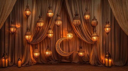 A breathtaking arrangement of crescent frames surrounded by glowing arabesque-inspired hanging lanterns