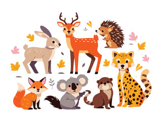 Naklejka premium Cute Cartoon Animals Deer, Fox, Rabbit, Koala, Hedgehog, Otter, Cheetah on White