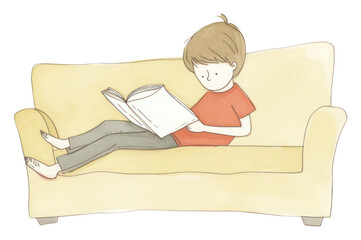 PNG Boy character reading book publication furniture couch.