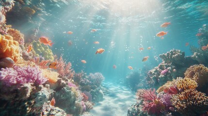 Fototapeta premium Underwater scene featuring colorful corals and fish illuminated by sunlight.
