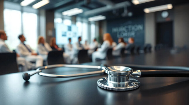 Close up of stethoscope on table with background of conference room full of doctors and medical personnel listening to medical presentation