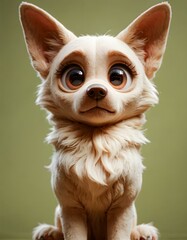 A digitally created image of a fluffy, white chihuahua with big round eyes and long, wavy fur.