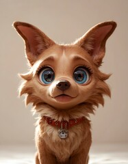 A cute, fluffy dog with large, expressive eyes, wearing a red collar.