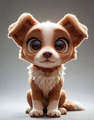 A small, brown and white dog sits in front of a plain gray background.
