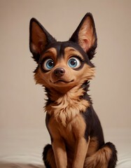 A three-dimensional rendering of a small dog with large, expressive eyes sitting on a soft, light-colored surface