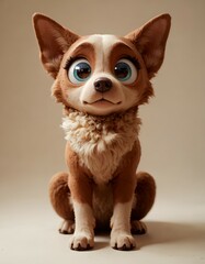 A small, fluffy dog with large expressive eyes is sitting in a neutral, light-colored setting.