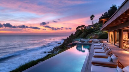 Obraz premium Pacific Ocean stretching into the horizon, viewed from the terrace of a sleek Malibu luxury home, infinity pool blending with the water, soft pastel tones of dusk enhancing the tranquil vibe. 