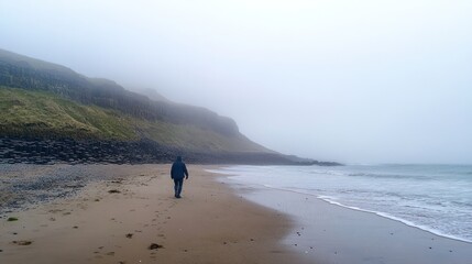 A solitary figure walks along a misty beach, surrounded by cliffs and gentle waves.