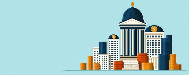Income Tax government advice concept. Stylized cityscape with financial buildings and a blue background.