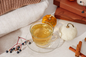 Autumn composition with cup of green tea, notebooks and pumpkins on light background