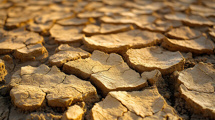 Cracked Earth: A close-up perspective on parched, cracked earth. Capturing a feeling of aridity and environmental issues.