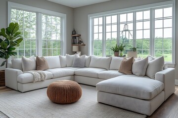 Cozy Modern Living Room Interior with Large Windows and Comfortable Sectional Sofa