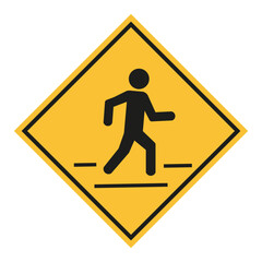 Pedestrian crossing sign. Walking person icon. Yellow diamond detail. Road safety symbol.