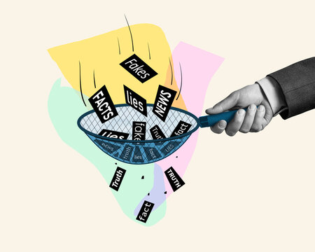 Hand holding sieve to filter truth from lies, facts from fakes. Concept of media literacy, fake news detection, and critical thinking in digital age.