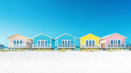 Row of pastel-colored beach houses, Gulf Coast charm, white sand beach and azure sky in the background, oceanfront view, wide-angle, bright sunny day.  