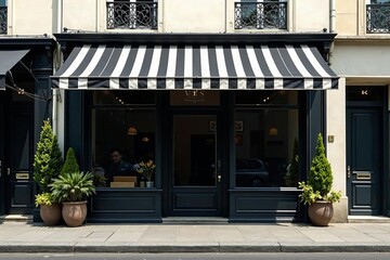 Minimalist Parisian storefront with black and white striped awning and potted plants, shop, france