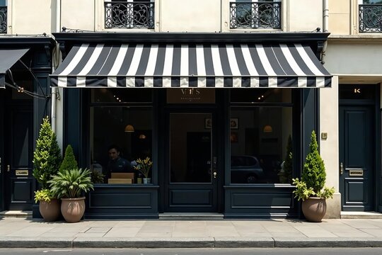 Fototapeta Minimalist Parisian storefront with black and white striped awning and potted plants, shop, france